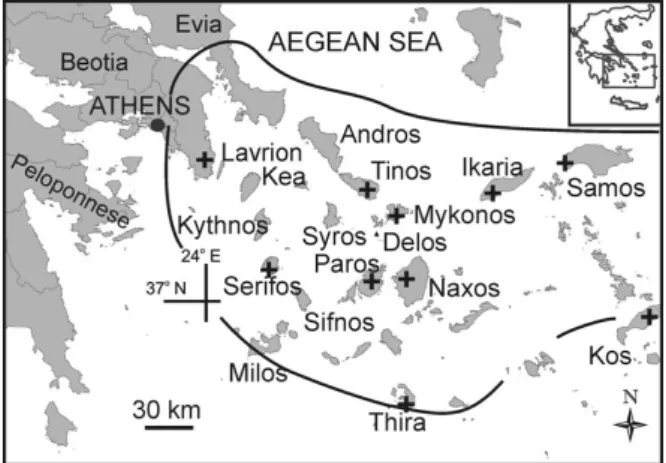 Figure 1. Map of the southern Aegean region indicating the extent of the Attic-Cycladic Belt and locations as discussed in the text