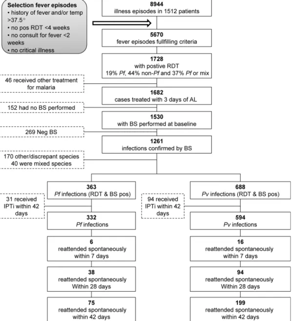Figure 1. Study ﬂ owchart. Abbreviations: AL, artemether/lumefantrine; BS, blood slide; IPTi, intermittent preventive treatment in infancy; mix, mixed infection; Pf , Plasmodium falciparum ; Pv , Plasmodium vivax ; RDT, rapid diagnostic text.