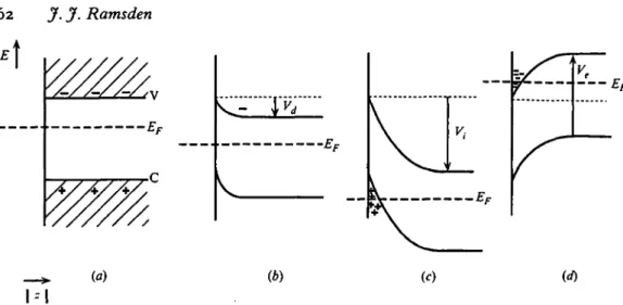 Fig. 10. Energy bands in an n-type semiconductor, (a) At equilibrium. The electrochemical potential of the electrolyte equals that of the electrons in the semiconductor (the Fermi level, E F 