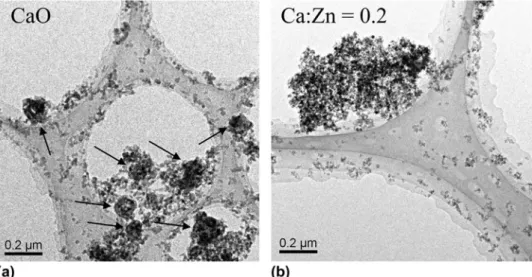 FIG. 8. Typical TEM images of (a) pure CaO and (b) Ca/Zn oxide containing Ca:Zn mass ratio of 0.2