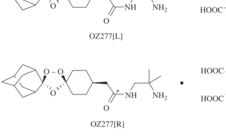 Figure 1. Structure of the two [ 14 C]OZ277 molecules. One was labelled in the adamantane ring (OZ277[L], Moravek Biochemicals) and the other in the side chain (OZ277[R], a gift from F