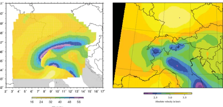 Figure 9. Left-hand panel: map of the Alpine Moho from Wagner et al. (2011). Right-hand panel: our Rayleigh-wave velocity map at 30 s with linear interpolation between the parametrization.