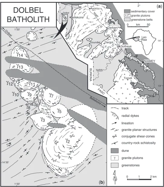 Fig. 1. Geological maps of (a) the Liptako area (SW Niger) and (b) the Dolbel batholith