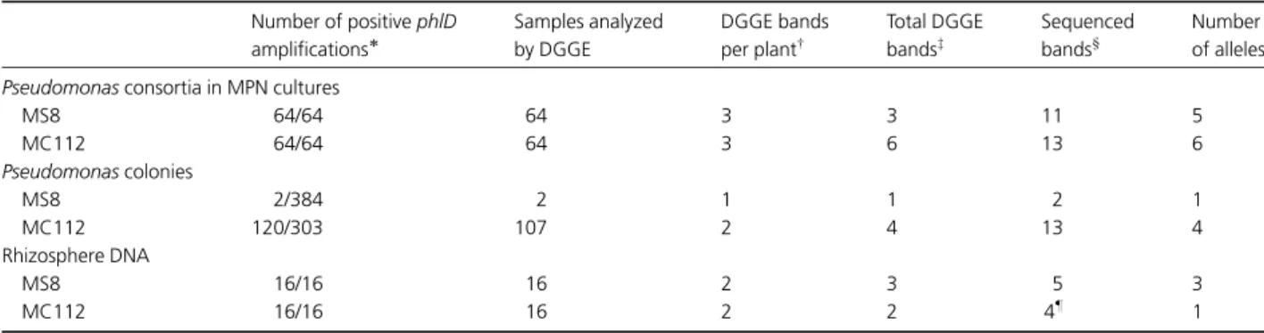 Table 3. DGGE analysis of phlD genes for indigenous pseudomonads using MPN cultures, Pseudomonas colonies, and rhizosphere DNA Number of positive phlD amplifications  Samples analyzedby DGGE DGGE bandsper plantw Total DGGEbandsz Sequencedbands‰ Number of a