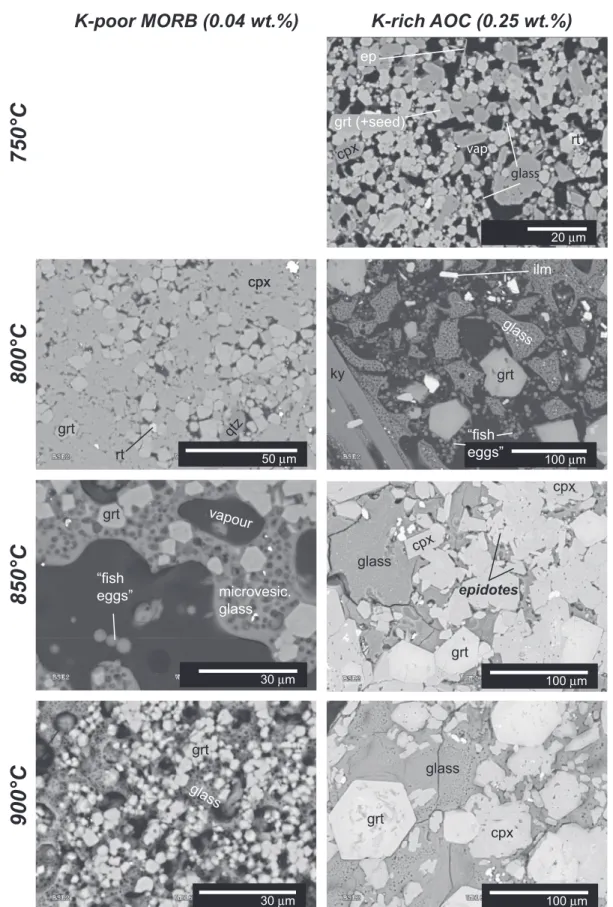Fig. 2. Representative back-scattered electron (BSE) images of experimental run products at different temperatures in MORB and AOC