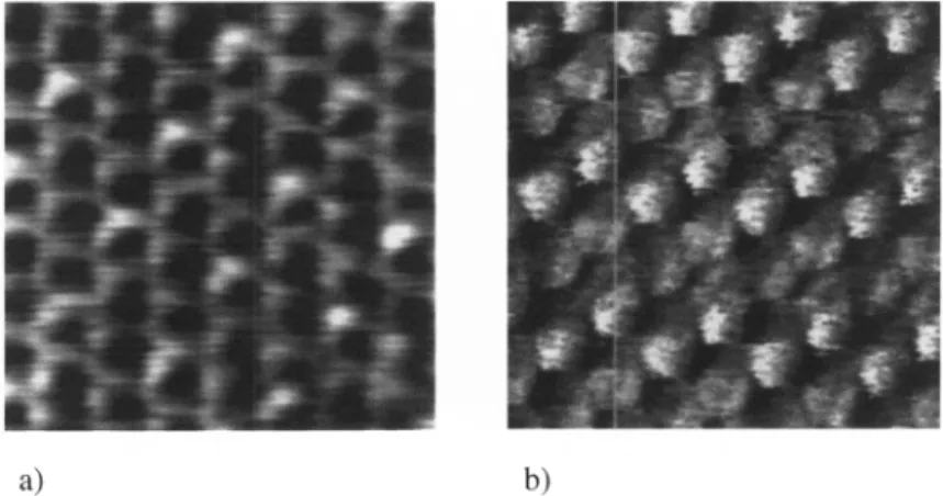 Fig. 5. Molecular resolution STM images taken in nitrogen showing the c(4 X 2) pinwheel (a) and the c(4 X 2) zig-zag (b) superstructures on a C,0 thiolate sample