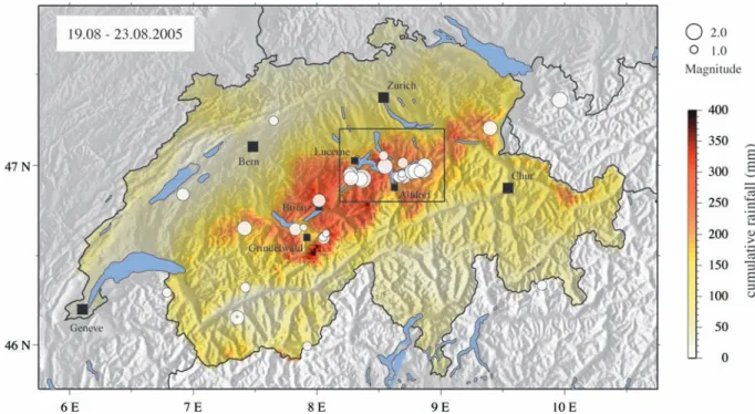 Figure 1. Cumulative rainfall (colour coded in online version) and observed seismicity (white circles) in Switzerland for the time period 08/19/2005–08/23/2005.