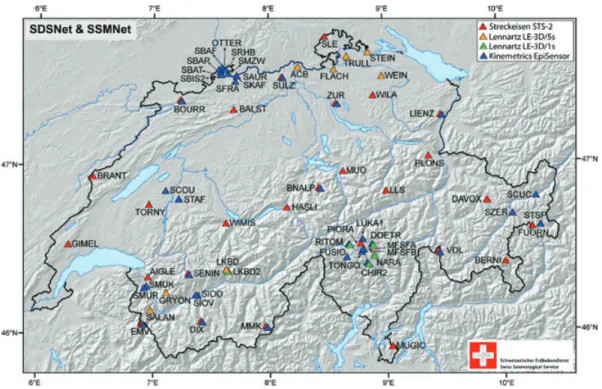 Figure 1. Real-time stations of the Swiss Digital Seismic Network (SDSNet) and the Swiss Strong Motion Network (SMSNet) used in this study.