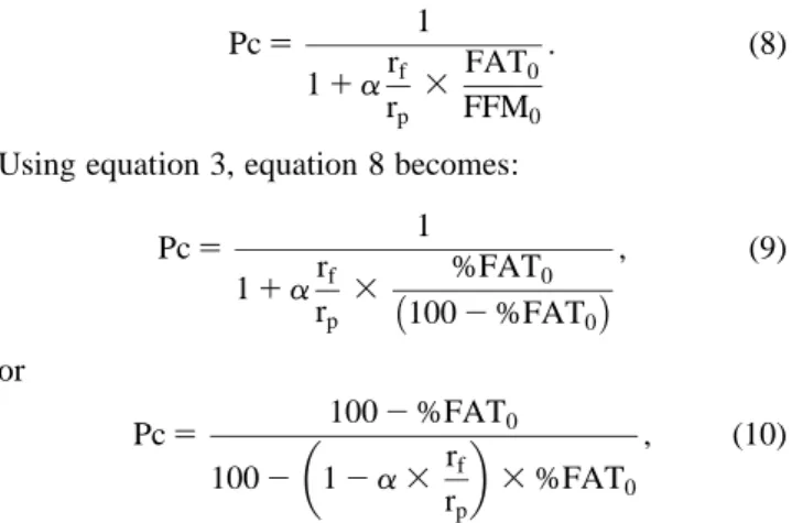Fig. 5. Model prediction for the partitioning characteristic (Pc) as a function of initial percentage body fat (%FAT 0 ), with variable values for the ratio fat-reserve fraction : protein reserve fraction (r f : r p ) using equation 10 (see above)