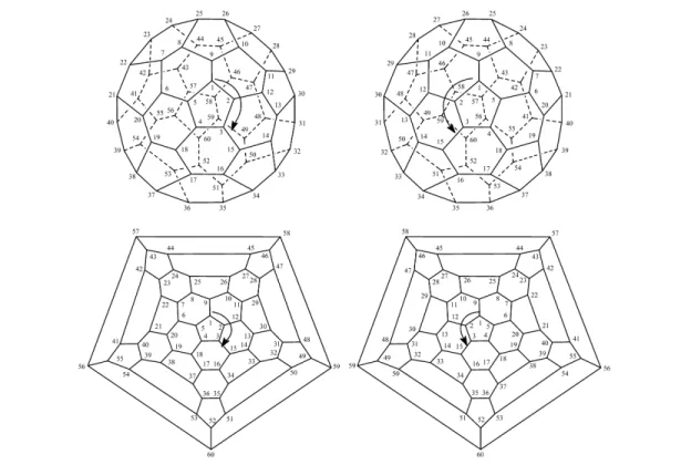 Fig. 6 Three-dimensional and Schlegel diagrams nn of (C 60 -I h )[5,6]fullerene with enantiomeric numberings.