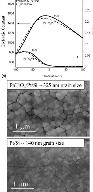 FIG. 9. (a) Dielectric constant and loss tangent versus temperature for 300 nm PST films on Pt/Si (grain size 140 nm) and PbTiO 3 (grain size 325 nm) seeded substrates RTA annealed 700 °C 1 min from solutions containing 30% excess lead and (b) SEM images o