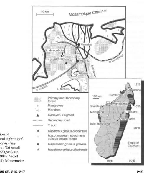 Figure 1. Distribution of Hapalemur griseus and sighting of Hapalemur griseus occidentalis (Hgo)