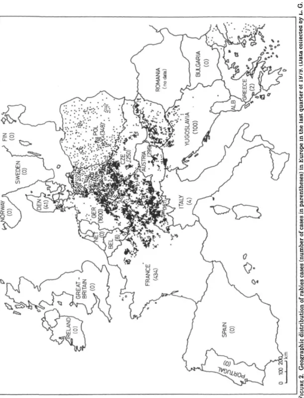 FIGURE 2. Geographic distribution of rabies cases (number of cases in parentheses) in Europe in the last quarter ot lM/a