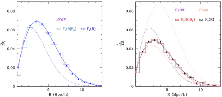 Figure 1. Void multiplicity function as a function of void radius for Markovian random walks (SK) (left-hand panel) and correlated walks (SX) (right-hand panel)