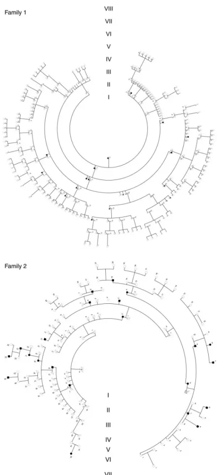 Fig. 4 Pedigrees of families. Families 1^5, index patients are described in Table 1.