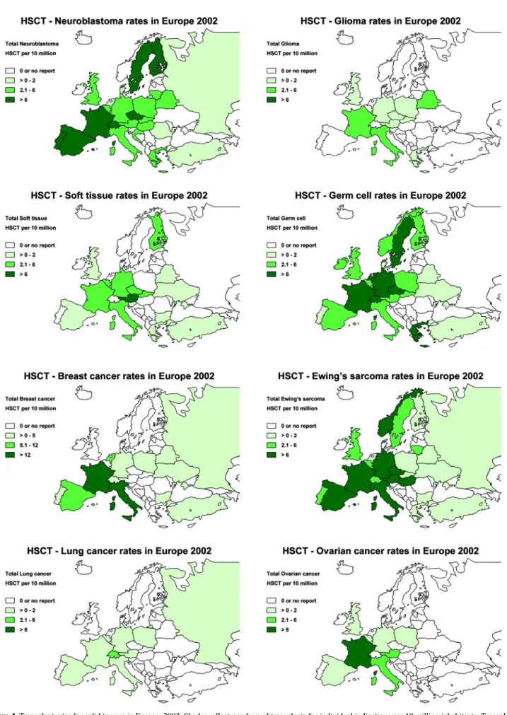 Figure 4. Transplant rates for solid tumors in Europe, 2002. Shades reflect numbers of transplants for individual indications per 10 million inhabitants