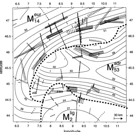 Figure 12. Migration surfaces for the European Moho (rgh = 14), the Adriatic Moho (rgh = 53) and the Ligurian Moho (rgh = 2) represented by depth isolines at 3-km intervals for area as in Fig