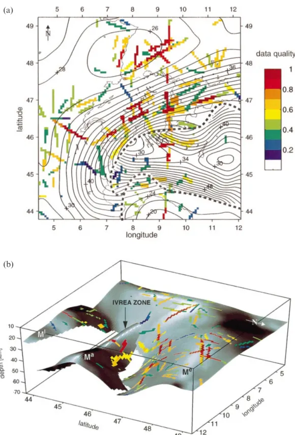 Figure 13. (a) Alpine Moho interface contoured at 2-km intervals derived by smoothest interpolation of the 3-D-migrated CSS data