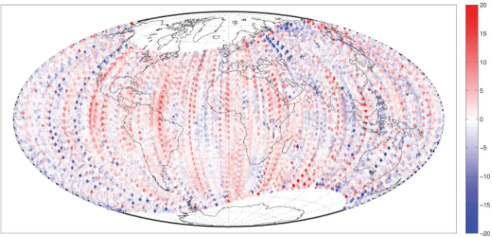 Figure 11. Geographical plot of residuals between the gufm-sat-E3 model and CHAMP vector Y component data in 2008 from the CHAOS-3 data set (with estimates of the magnetospheric field and the accessible part of the crustal field removed) that were not used