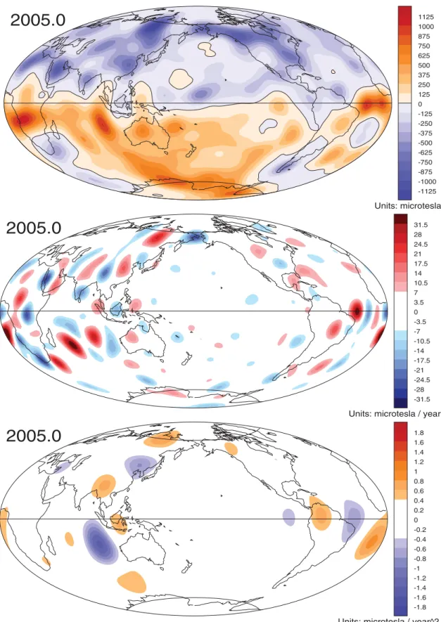 Figure 13. Maps of the radial MF, SV and SA from gufm-sat-E3 in 2005 at the core surface, centred on the Pacific hemisphere