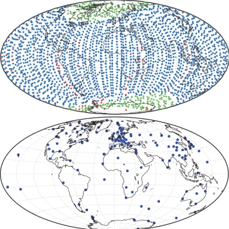 Figure 1. Distribution of satellite data as a function of latitude and longitude (top panel) used for the 3 months 2008 January to March