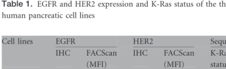 Table 1. EGFR and HER2 expression and K-Ras status of the three human pancreatic cell lines