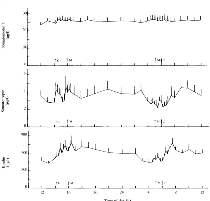 FIG. 6. Blood levels of SmC, STH and IRI during a 24-h period (mean ± s.e. of all 18 animals of experiment D).