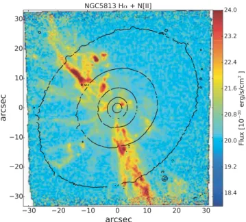Figure 6. MUSE narrow-band image of H α emission in NGC 5813. The image is obtained by summing the flux within a narrow range around the H α + [N II ] complex (between 6615 and 6640 Å), estimating the continuum level around that region and dividing it out