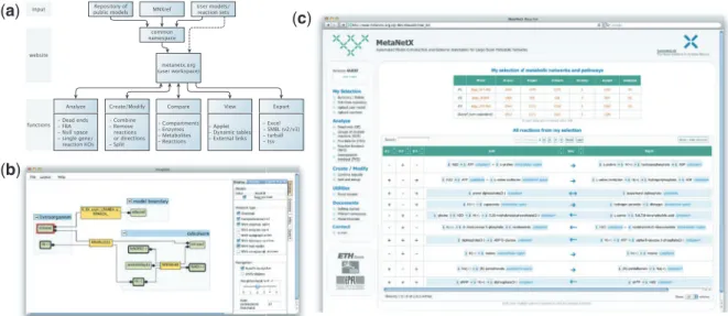 Fig. 1. Main features of MetaNetX.org. (a) Flowchart illustrating the structure of MetaNetX.org: the website with its common namespace and user workspace connects the repository of publicly available GSMs or user-defined GSMs/reaction sets with the tools s