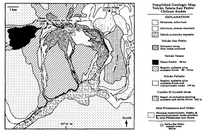 Fig. 1. Simplified geologic map of Volcin Tatara—San Pedro and Cord6n El GuadaJ.