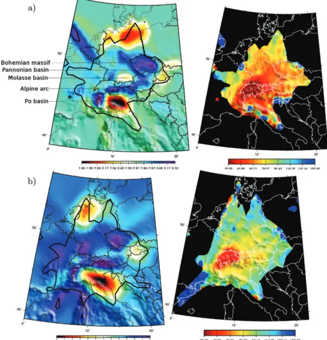 Figure A1. Group velocity maps (left) and the resolution length (right) at (a) 5 s and (b) 16 s