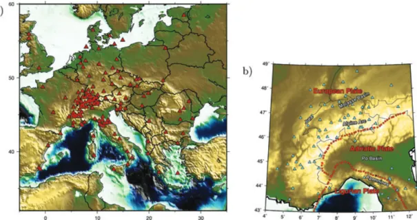 Figure 1. (a) Map showing the location of broadband recorders used for this study. (b) Schematic map of the boudaries between the Ligurian, European and Adriatic plate (red dots)