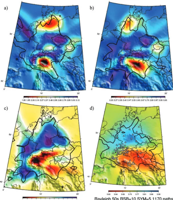 Figure 5. Rayeigh (left) waves group velocity maps at (a) 8 s (b) 16 s (c) 35 s. (d) 50 s.