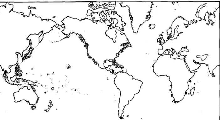 FIG. 1. World map indicating areas (hatched) that are served by a number of established marine parks