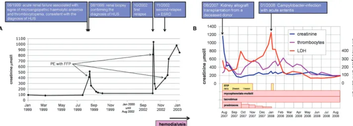 Fig. 1. Follow-up before (A) and after transplantation (B). PE = plasma exchange therapy