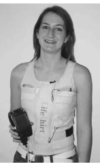 Fig. 1. The LifeShirt system: design of garment and interface with digital recorder.