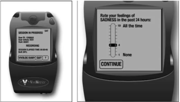 Fig. 3. VivoLog electronic diary: example displays. Left panel: general recording mode, with button for starting electronic diary entries; right panel: 1 (not at all) to 10 (all the time) rating scale for sadness during the day, used in a study with patien