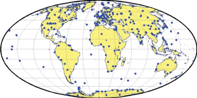 Figure 1. Location of 281 observatories, data from which have been retrieved from Edinburgh World Data Center for Geomagnetism.