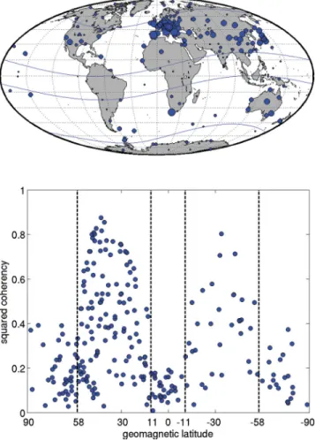 Figure 7. Conductance map using a logarithmic scale. Location of the 119 mid-latitude observatories employed during 3-D inversion are shown as white dots.