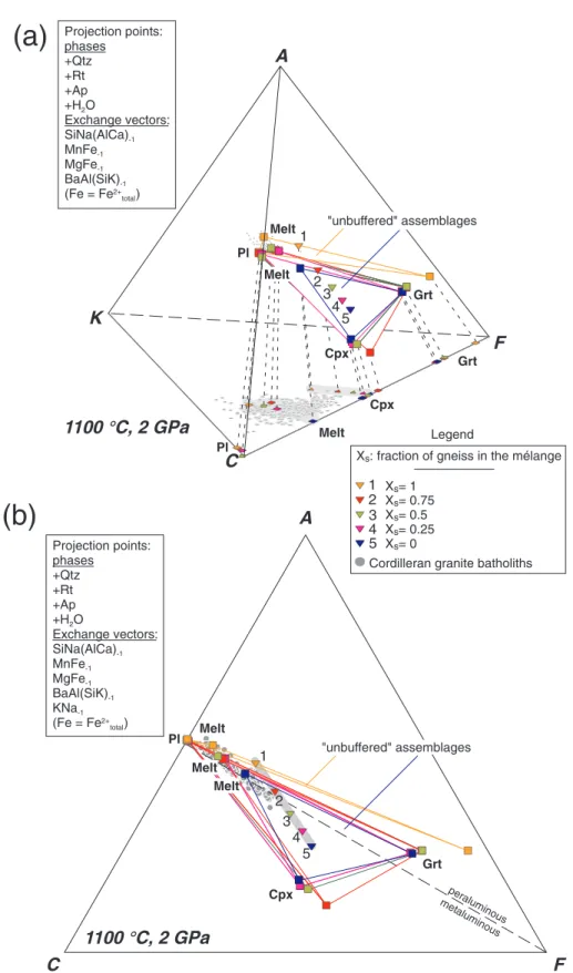 Fig. 6. (a) Condensed AKCF and (b) ACF diagrams for the experimental results at 11008C and 2 GPa constructed after projection of the com- com-positions of the studied starting bulk-rock comcom-positions (triangles), experimental mineral and melts (squares)