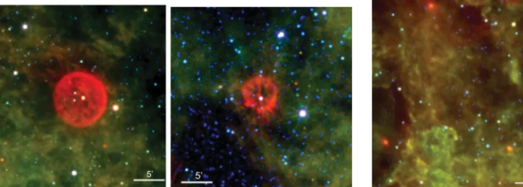 Figure 6. Examples of the three stages in WR nebula morphologies: from left to right - bubble (WR16), clumpy phase (WR8), and mixed phase (WR35b)