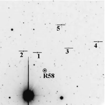 Figure 1. Finder chart showing the location of the target star, R58 and five comparison stars with north and east located up and left, respectively.