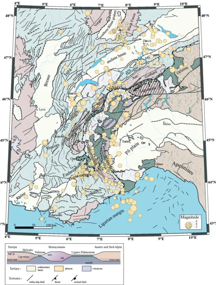 Figure 1. Seismicity map of the western/central Alps showing only the database used in this paper, namely the earthquakes for which a reliable focal mechanism is available
