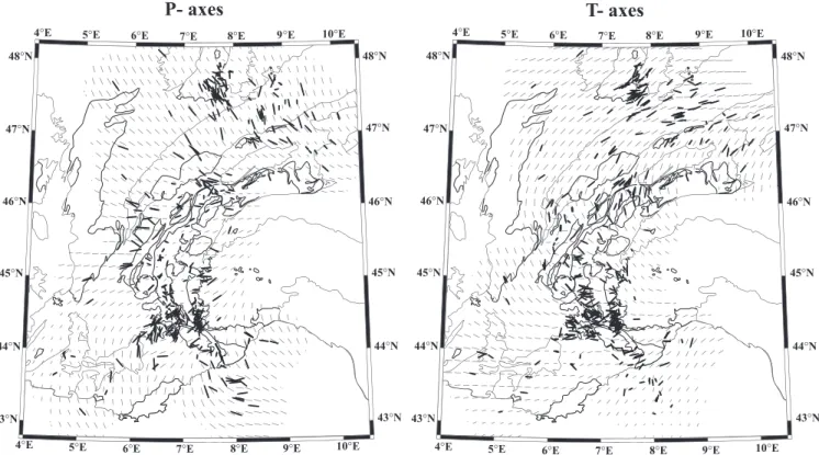 Figure 4. P- and T-axes fields. Thick lines represent observed P (left map) and T axes (right map) at the location of focal mechanisms