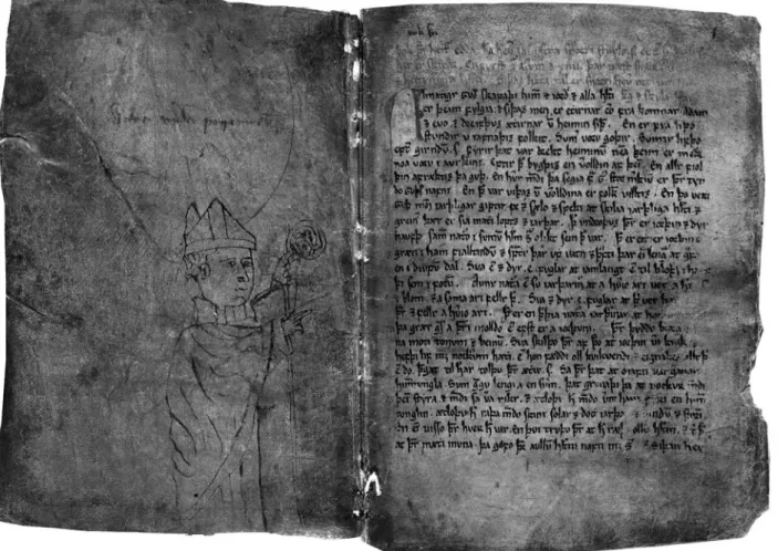 Abb. 1: Codex Upsaliensis (U) der ‚ Prosa-Edda ‘ (ca. 1300), Bl. 1v/2r, links: Bischof, rechts: Rubrik und Beginn des Prologs – Uppsala, UB, DG 11 4to –