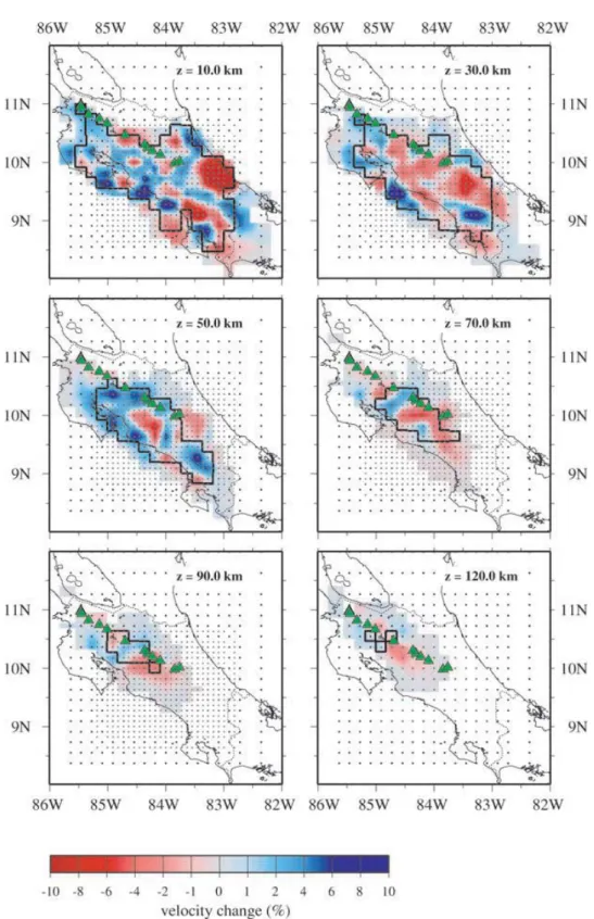 Figure 10. Horizontal depth sections through the ﬁnal P-wave velocity model at different depths as indicated