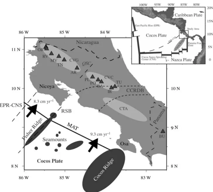 Figure 2. Signiﬁcant tectonic features of the study area. EPR–CNS, boundary between oceanic crust formed at East Paciﬁc Rise and Cocos–Nazca Spreading Center; RSB, rough–smooth boundary; MAT, Middle America Trench; CCRDB Central Costa Rica Deforming Belt; 