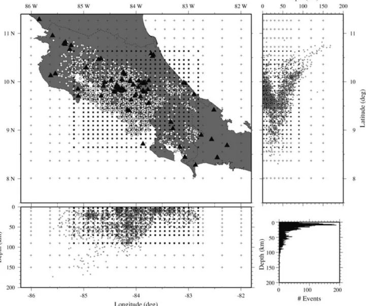 Figure 3. Hypocentre locations (dots), stations (black triangles), and grid nodes used in the inversion