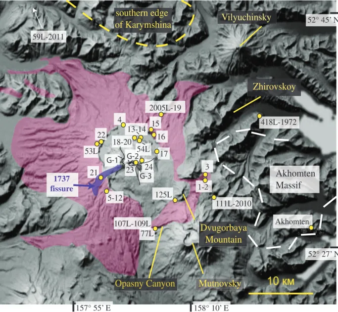 Fig. 2. Digital elevation map of Gorely volcano and its surrounding caldera, showing the extent of the ignimbrites and pumice, which are described in this study (shaded in pink), and the location of the studied samples
