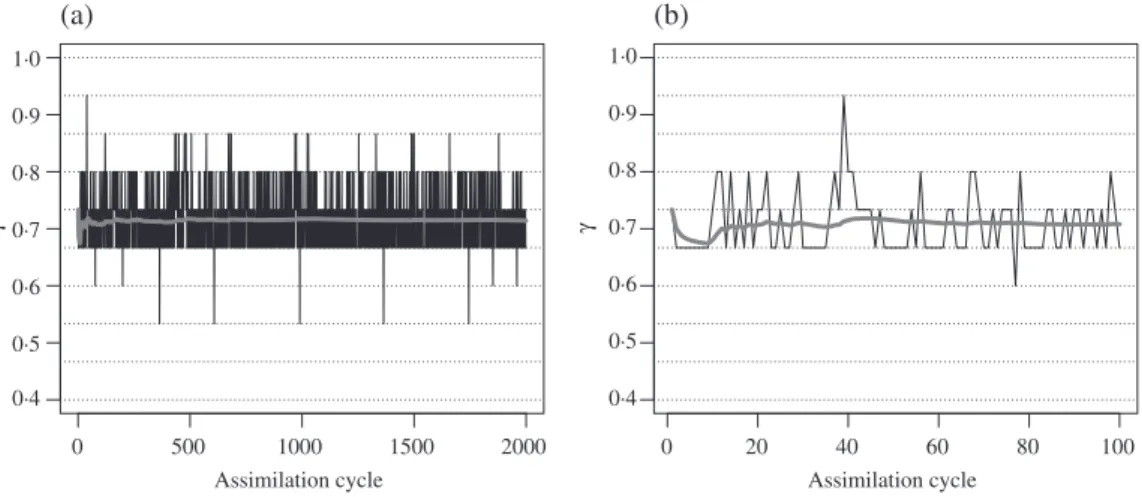Fig. 3. Lorenz 96 system, experimental set-up as given in § 7·1: time series plot (black line) of the adaptively chosen values of γ with diversity τ constrained to [0 · 80 , 0 · 90]